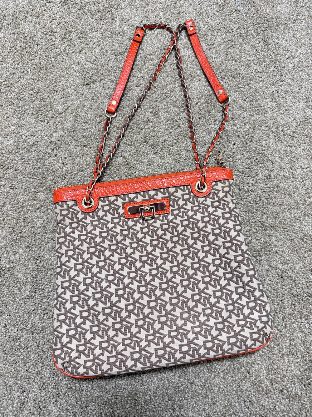 DKNY Brown Logo Shoulder Bag with Orange Trim